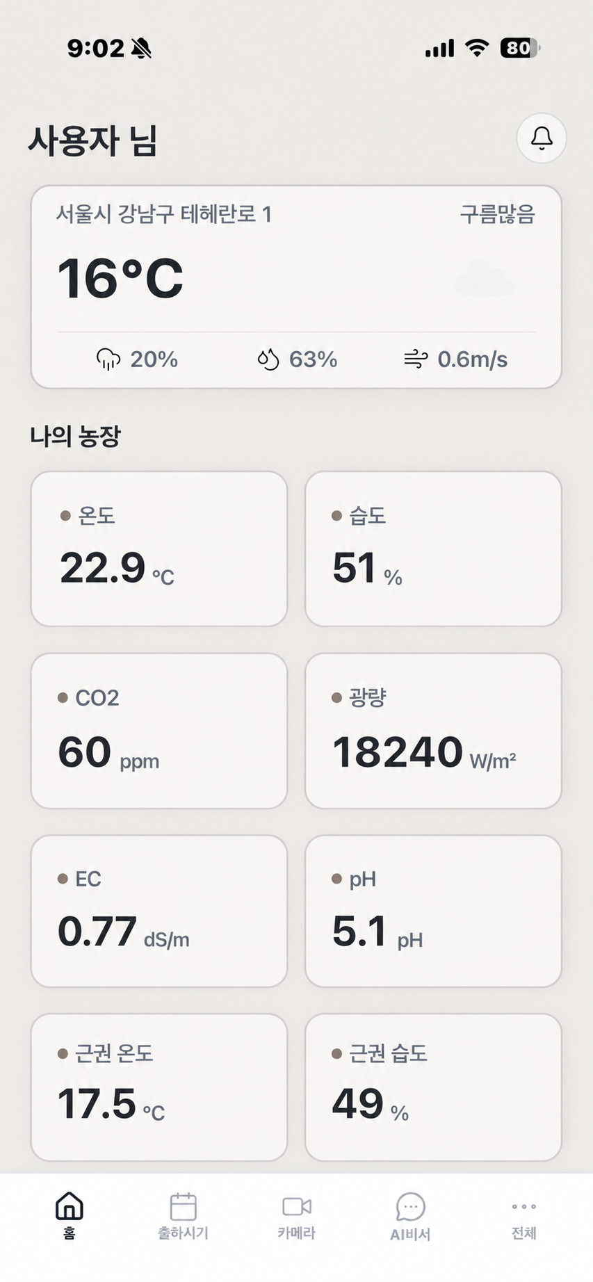 G-CAMP 모바일 농장 대시보드 화면